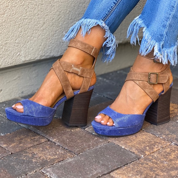 Denim/Tan Color Block Chunky Heel Platform Sandal - Picture 5 of 13